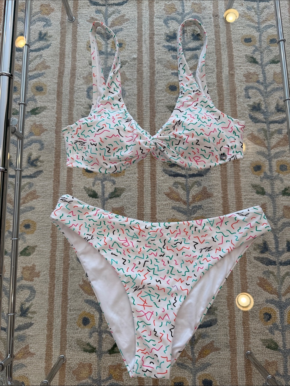 Karl Lagerfeld White Bikini Set with Multicolor Scribble Print 🩷💚🧡🩵🖤